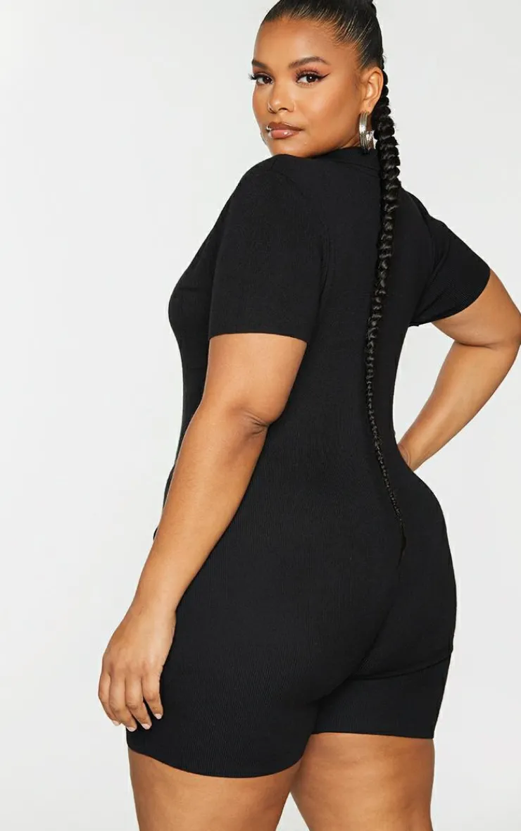 PrettyLittleThing Unitards*Plus Fine Knit Bust Detail Collared Seamless Unitard
