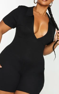 PrettyLittleThing Unitards*Plus Fine Knit Bust Detail Collared Seamless Unitard