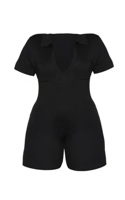 PrettyLittleThing Unitards*Plus Fine Knit Bust Detail Collared Seamless Unitard