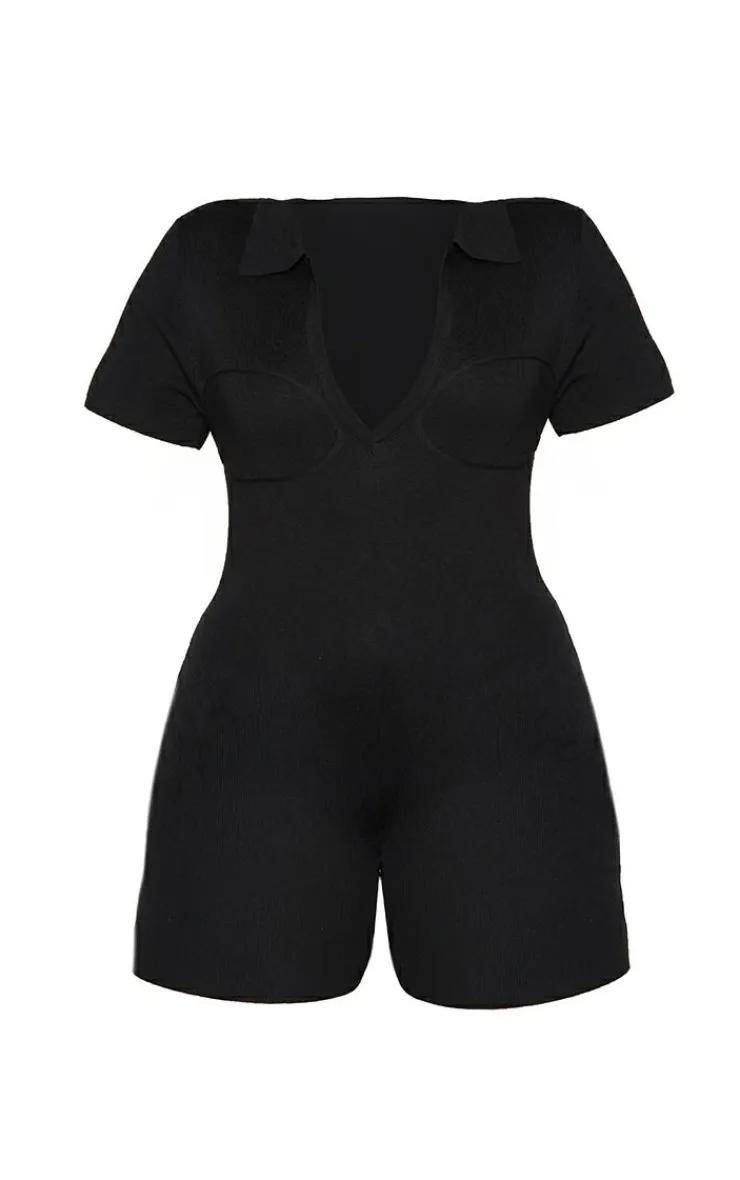 PrettyLittleThing Unitards*Plus Fine Knit Bust Detail Collared Seamless Unitard
