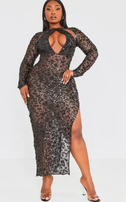 Plus Fishnet Sequin Cut Out Maxi Dress-PrettyLittleThing Online