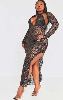 Plus Fishnet Sequin Cut Out Maxi Dress-PrettyLittleThing Online