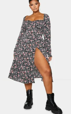 Plus Floral Print Cupped Split Detail Midi Dress-PrettyLittleThing