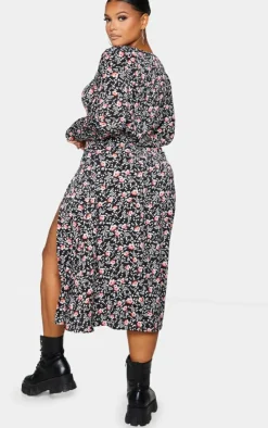 Plus Floral Print Cupped Split Detail Midi Dress-PrettyLittleThing