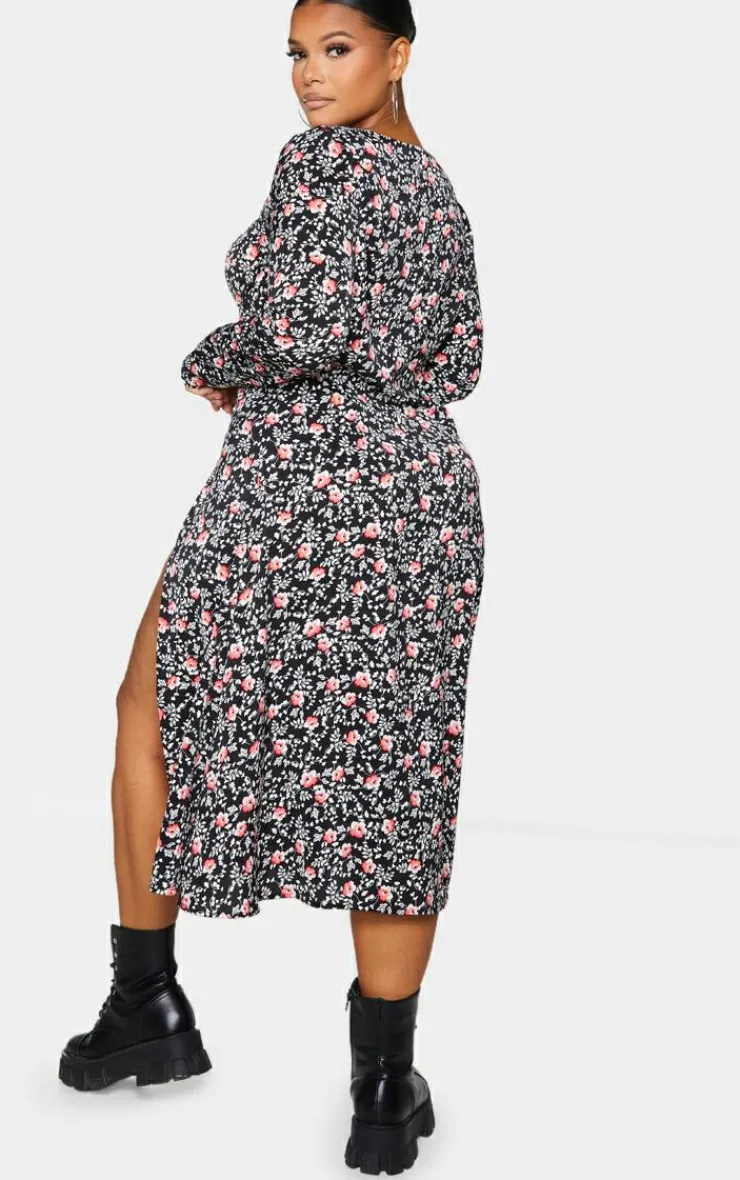 Plus Floral Print Cupped Split Detail Midi Dress-PrettyLittleThing