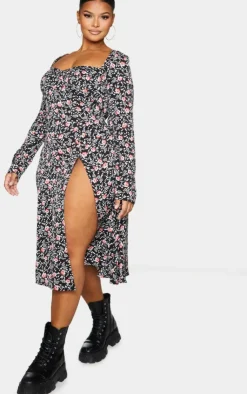 Plus Floral Print Cupped Split Detail Midi Dress-PrettyLittleThing