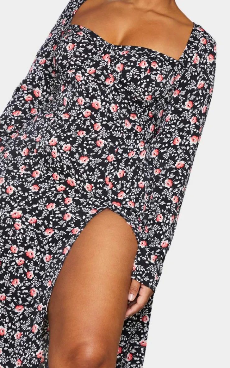 Plus Floral Print Cupped Split Detail Midi Dress-PrettyLittleThing