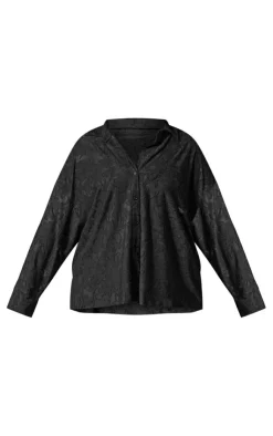 Discount PrettyLittleThing Plus Floral Sheer Burnout Oversized Shirt Black