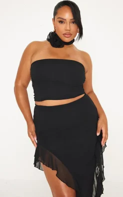 Sale PrettyLittleThing Plus Flower Detail Ruffle Drape Strappy Top Black