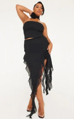 Sale PrettyLittleThing Plus Flower Detail Ruffle Drape Strappy Top Black