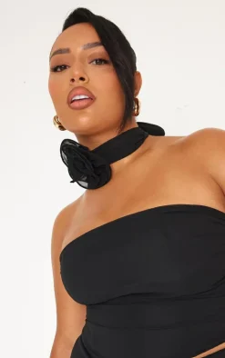 Sale PrettyLittleThing Plus Flower Detail Ruffle Drape Strappy Top Black