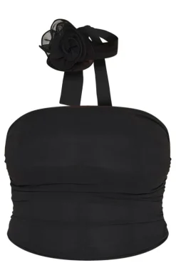 Sale PrettyLittleThing Plus Flower Detail Ruffle Drape Strappy Top Black