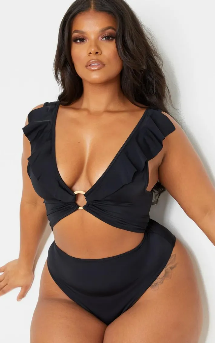 Plus Black Frill Edge Ring Detail Swimsuit