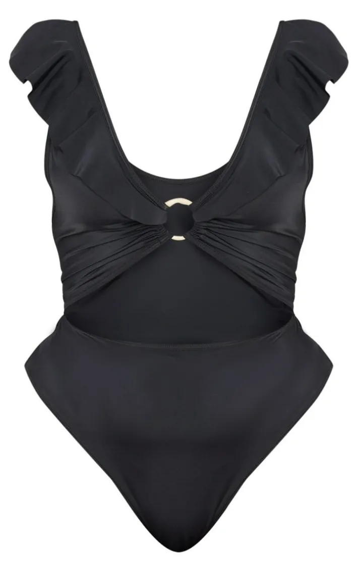 Plus Black Frill Edge Ring Detail Swimsuit