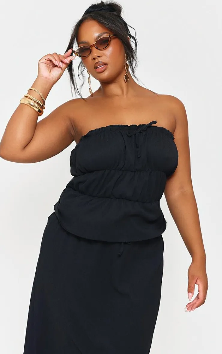 Sale PrettyLittleThing Plus Frill Trim Tie Front Bandeau Long Top Black