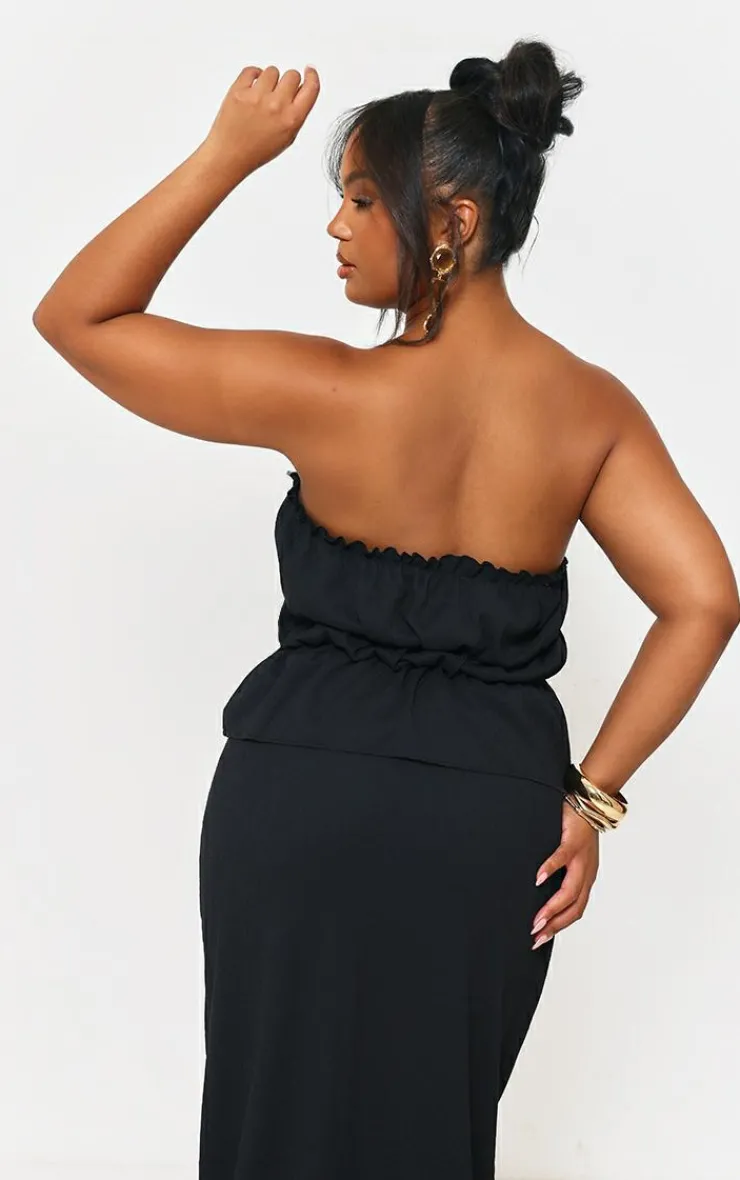 Sale PrettyLittleThing Plus Frill Trim Tie Front Bandeau Long Top Black