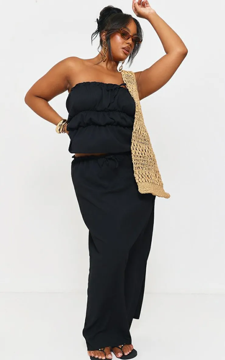 Sale PrettyLittleThing Plus Frill Trim Tie Front Bandeau Long Top Black