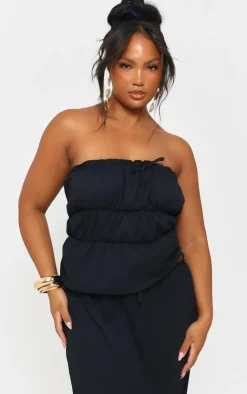 Sale PrettyLittleThing Plus Frill Trim Tie Front Bandeau Long Top Black