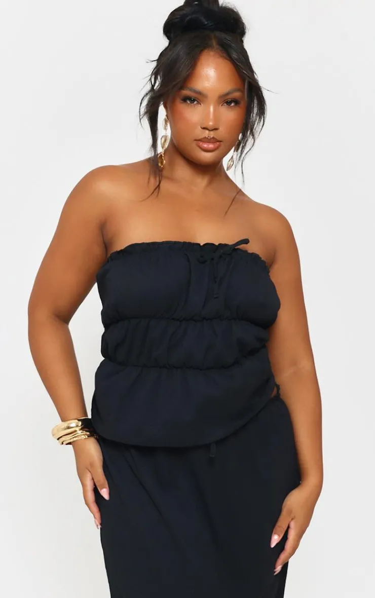 Sale PrettyLittleThing Plus Frill Trim Tie Front Bandeau Long Top Black