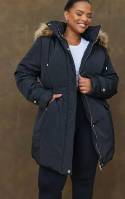 PrettyLittleThing Faux Fur Coats*Plus Fur Hood Elasticated Waist Longline Parka Coat