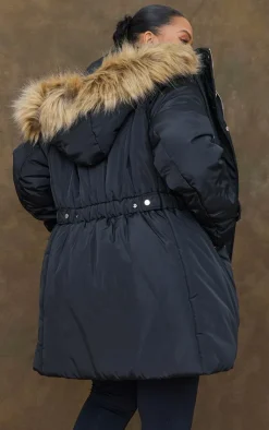 PrettyLittleThing Faux Fur Coats*Plus Fur Hood Elasticated Waist Longline Parka Coat