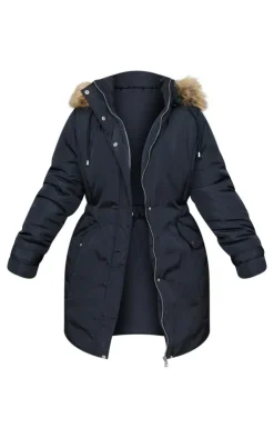 PrettyLittleThing Faux Fur Coats*Plus Fur Hood Elasticated Waist Longline Parka Coat