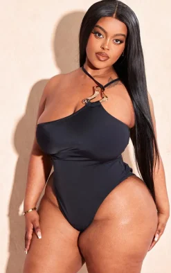 Plus Black Gold Trim Asymmetric Swimsuit