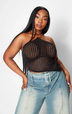 PrettyLittleThing Knitted Tops*Plus Halterneck Ring Detail Asymmetric Knit Top