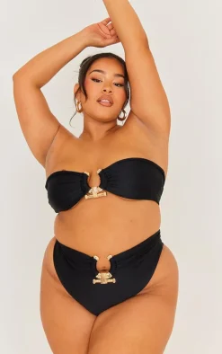 Plus Black Hammered Trim Bandeau Bikini Top