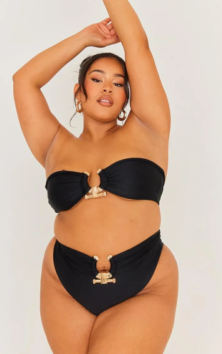 Plus Black Hammered Trim Bandeau Bikini Top