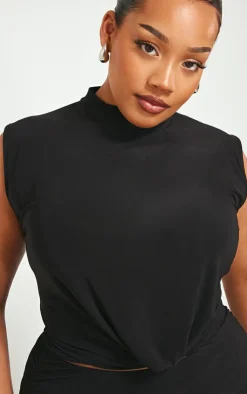Online PrettyLittleThing Plus High Neck Cropped Top Black