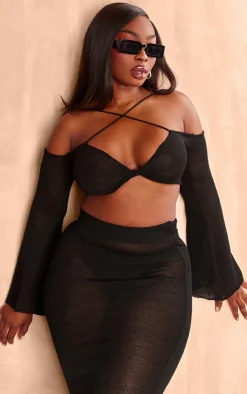 Online PrettyLittleThing Plus Knitted Midaxi Skirt Black