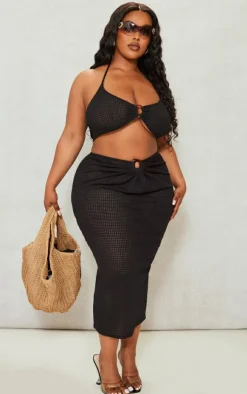 New PrettyLittleThing Plus Knitted Ring Detail Maxi Skirt Black