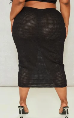 New PrettyLittleThing Plus Knitted Ring Detail Maxi Skirt Black