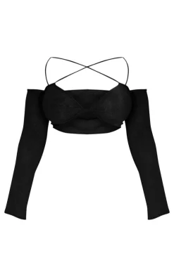 Best PrettyLittleThing Plus Knitted Twist Front Detail Crop Top Black