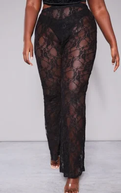 Clearance PrettyLittleThing Plus Lace Flared Pants Black