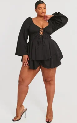 Plus Black Lace Up Long Sleeve Romper