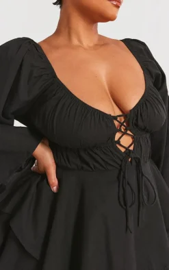 Plus Black Lace Up Long Sleeve Romper