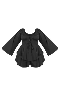 Plus Black Lace Up Long Sleeve Romper