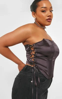 PrettyLittleThing Sleeveless Tops*Plus Lace Up Satin Seam Detail Corset Top