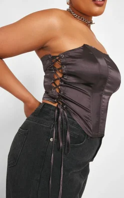 PrettyLittleThing Sleeveless Tops*Plus Lace Up Satin Seam Detail Corset Top