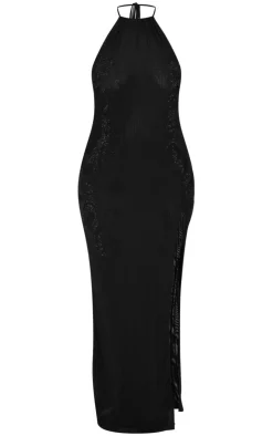 Plus Lined Mesh Diamante Detail Split Maxi Dress-PrettyLittleThing Outlet