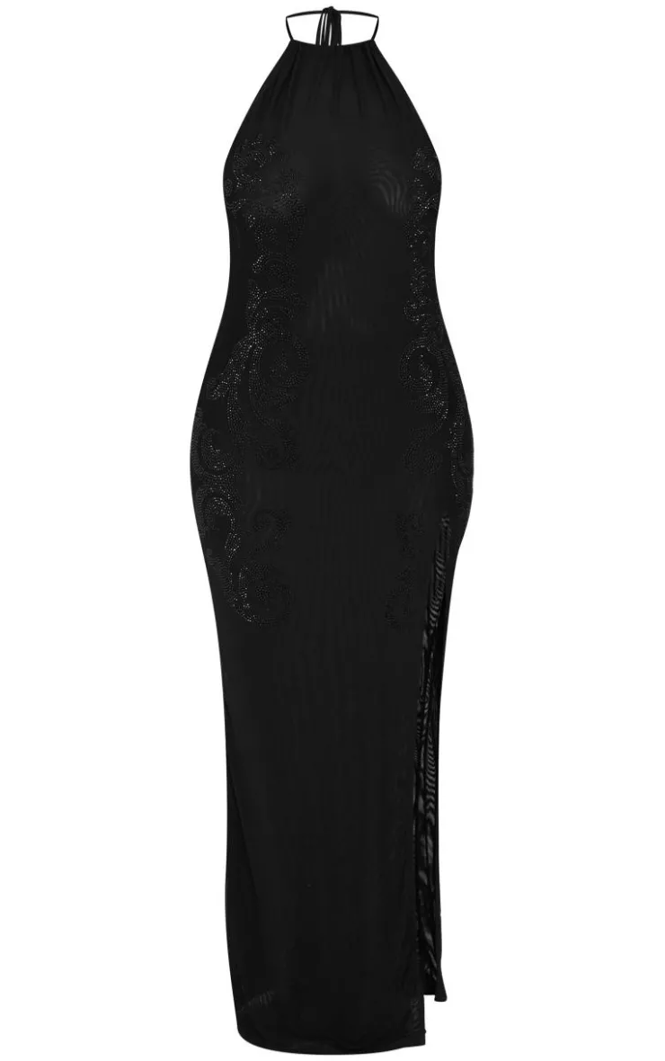 Plus Lined Mesh Diamante Detail Split Maxi Dress-PrettyLittleThing Outlet