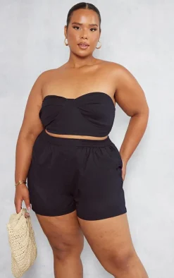 Sale PrettyLittleThing Plus Linen Look Bandeau Top Black