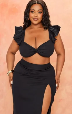 PrettyLittleThing Plus Linen Look Puff Sleeve Crop Top Black