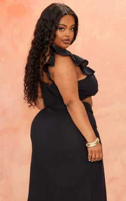 PrettyLittleThing Plus Linen Look Puff Sleeve Crop Top Black