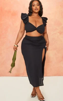 PrettyLittleThing Plus Linen Look Puff Sleeve Crop Top Black