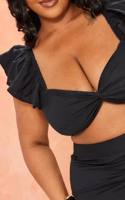 PrettyLittleThing Plus Linen Look Puff Sleeve Crop Top Black