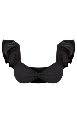 PrettyLittleThing Plus Linen Look Puff Sleeve Crop Top Black