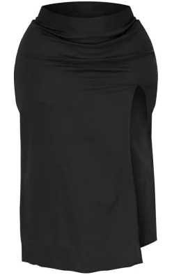 Best PrettyLittleThing Plus Linen Look Side Split Midi Skirt Black
